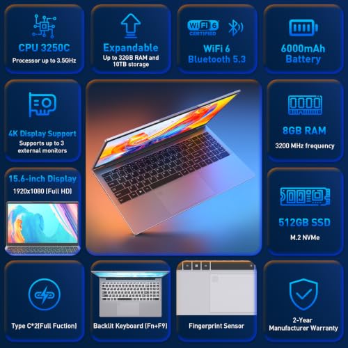 Image of Auusda 2026 Traditional Laptop 15.6 inch for Students & Work, Ryzen 3 3250C CPU | WiFi 6, BT 5.3, Backlit Keyboard, Fingerprint, Privacy Camera, Dual USB Type-C, Win11 Pro, 8GB RAM, 512GB NVMe SSD, Silver