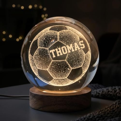 Image of Personalized Soccer Crystal Ball Night Light, Custom Soccer Dad LED Lamp with Name, Engraved Ball Gift, Kids Teens Room Decor