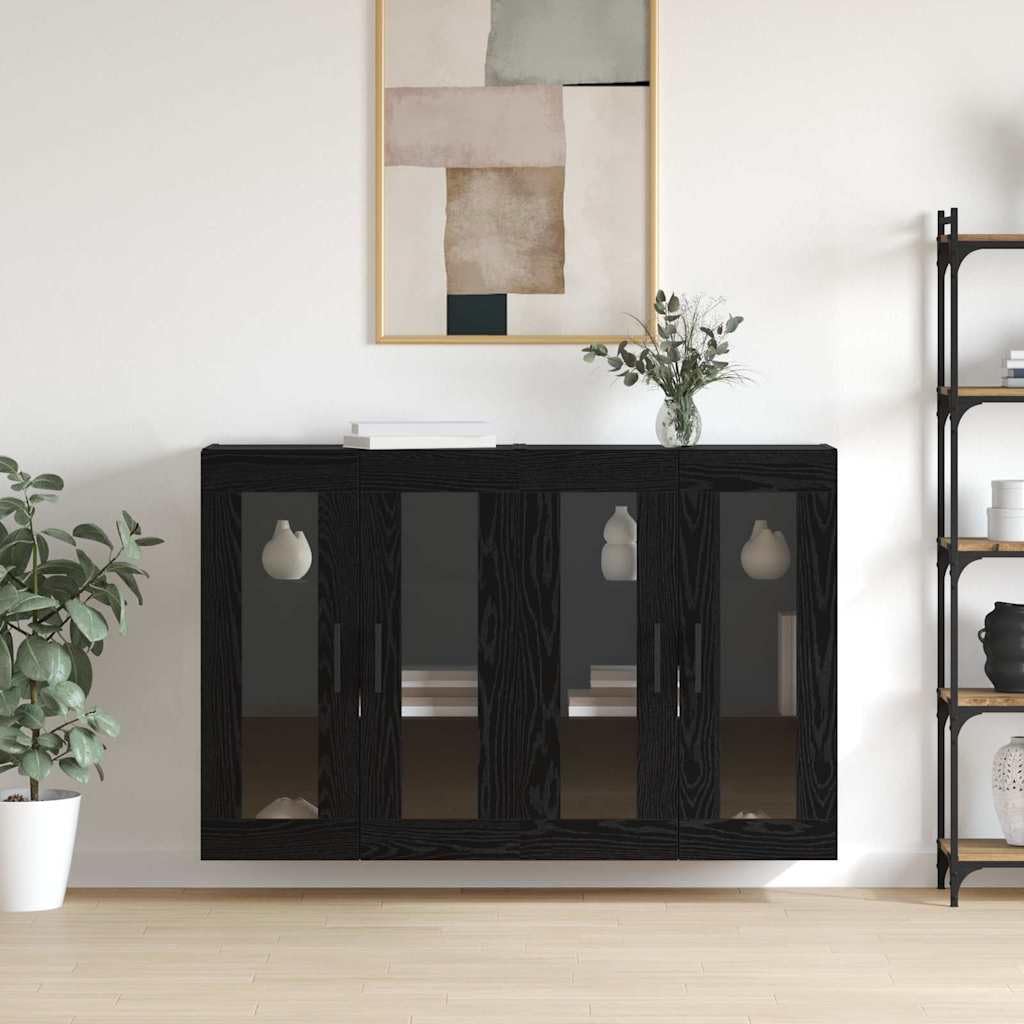 Set di 2 armadi da parete con ante in vetro, colore rovere nero