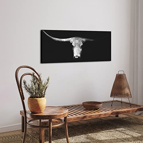 Levvarts Large Size Longhorn Cow Canvas Wall Art Black And White Western Cattle Portrait Photo Painting Artwork For Man Cave Home Office Living Room Decor 20 Inchx48 Inch thumb #3