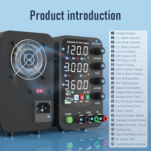 Image of DC Power Variable, 0-120V 0-3A Switching Bench Power Supply with Intelligent Charging Mode, 20W USB & Type-C Rapid Charging, Encoder Knob, Output Switch, 4-Digit LED Display - SPS-12003C
