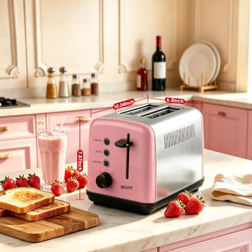 Image of Toaster 2 Slice, Stainless Steel, 6 Shade Settings, 1.5 inch Extra Wide Slots | NEXFIT Retro Toaster with Bagel, Defrost, Reheat & Cancel Functions, 900W, Removable Crumb Tray, High Lift, Cord Wrap, Pink