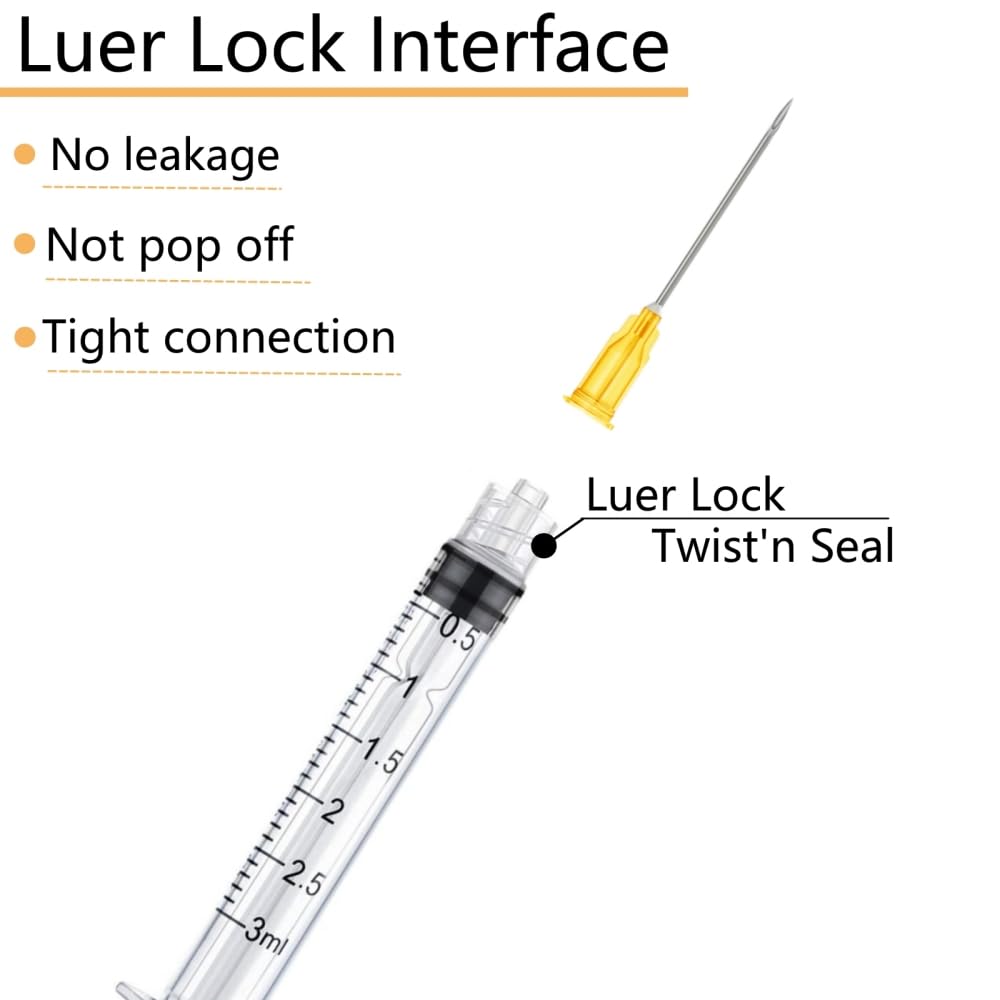 Paquete de 100 jeringas de plástico Luer Lock de 3 ml/cc con aguja de 25 Ga, herramientas de medición de laboratorio para dispensación industrial, laboratorio de ciencia y suministros de inyección de