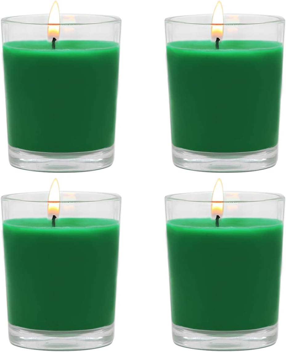 Set of 4 Green Votive Candles for Christmas and St. Patrick's Day, Clear Glass Filled Unscented Soy Wax Candle for Spring Home Decoration and DIY Green 1.8oz, 4 Packs