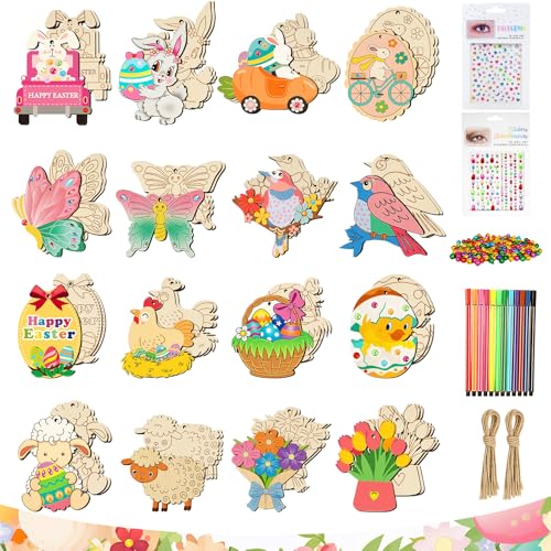 Kuvarix Décoration Pâques en Bois, Kit de Bricolage de Pâques, 48 Pièces Décorations de Printemps en Bois à Peindre, Comprend des Crayons Aquarelle,...