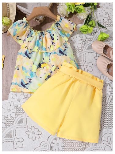 Image of GORGLITTER Girl's Summer Outfits Sleeveless Floral Ruffle Blouse Top and Bow Tie Front Paperbag Shorts Sets