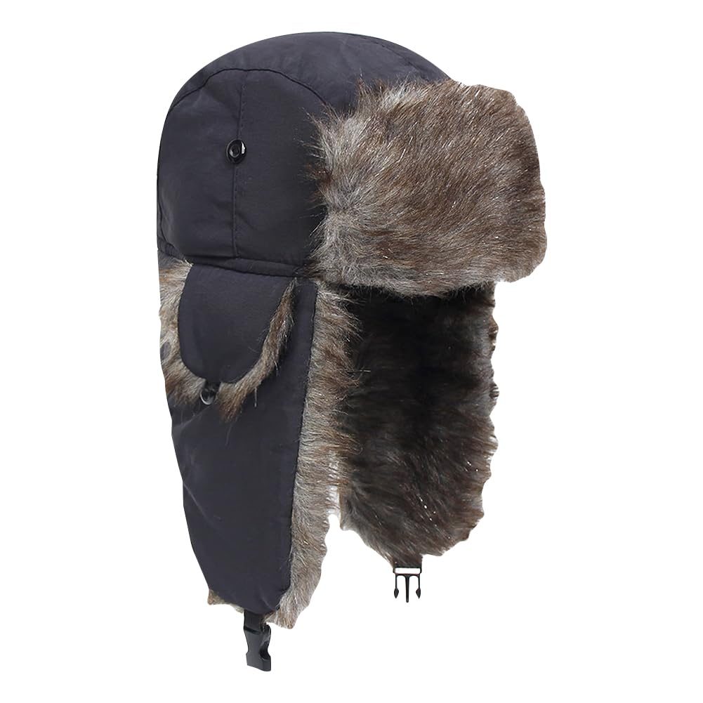 Winter Trapper Hats Unisex Faux Fur Hunting Hat Cold Weather Ski Cap Warm Windproof Trooper Hats with Ear Flaps Black