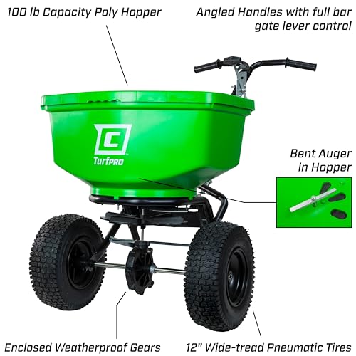 Image of Chapin 89303C Spreader, Lawn and Garden, 100Lbs, Contractor, TurfPro, Broadcast, Push, Walk Behind, 12 inch Tires, Weather-Proof, Poly Hopper, Side- Adjust Lever, Spreads Fertilizer and Seeds
