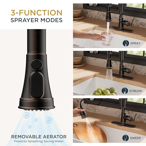 Image of FORIOUS Kitchen Faucet with Pull Down Sprayer, Oil Rubbed Bronze, Stainless Steel Single Handle Spring Antique Kitchen Sink Faucet with Deck Plate, Sutiable for Farmhouse, RV, Camper, Wet Bar