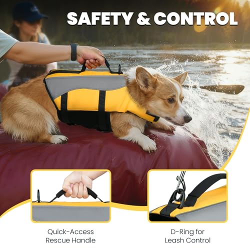 Image of VIVAGLORY Dog Life Vest Front Float Dog Swim Vest, M, Yellow | Life Jacket with Chin Float & Handle for Swimming & Boating, High Visibility Adjustable for Doggy Cat Puppy