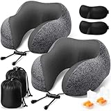 ExploreBliss Travel Pillow, 2 Pack Travel Pillows for Sleeping Airplane, Removable Cover Neck Pillow with Adjustable Clasp, Memory Foam Neck Pillow Set (Dark Grey*2)