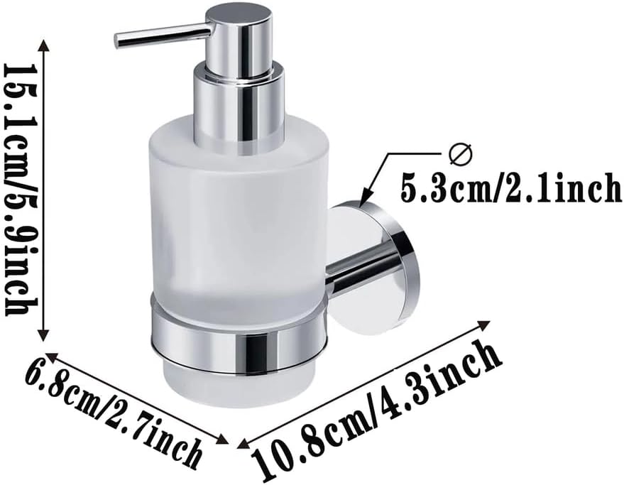 Soap Dispenser, Zinc Alloy + Frosted Glass Soap Dispenser Set with Pump,Wall Mounted Bath Accessories for Bathroom and Kitchen,Chrome