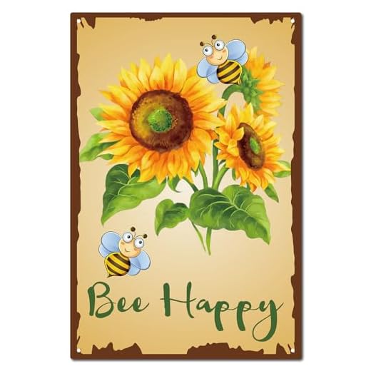 CREATCABIN Letrero Metal Texto En Inglés"Bee Happy Sign"Girasol,Decoración Rústica para Jardín,Placa Verano,Casa Campo,Pintura Hierro Vintage,Póster Retro,Mural para Colgar En Pared,Cafeterías,20x30cm