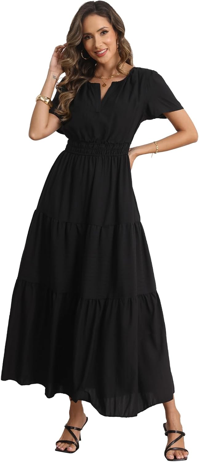 Rainday Womens Casual Maxi Dresses Fashion Holiday Short Sleeved Elastic Waist Beach Boho Dress with Pockets - Image 3