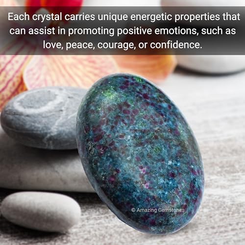Image of Amazing Gemstone Ruby in Kyanite Palm Stone - Massage Worry Stone for Natural Body Chakra Balancing, Reiki Healing and Crystal Grid