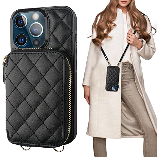 Bocasal Crossbody Wallet Case for iPhone 13 Pro RFID Blocking PU Leather Zipper Handbag Purse Flip Cover Kickstand Folio Case with Card Slots Holder Wrist Strap Lanyard 5G 6.1 Inch (Black)