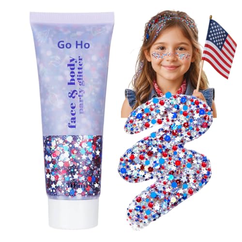 Go Ho Red White and Blue Hair Body Glitter,Holographic 4th of July Glitter Stick,Fourth of July Accessories for Women,Patriotic USA Flag Face Glitter for 250 Anniversary USA Independence Day