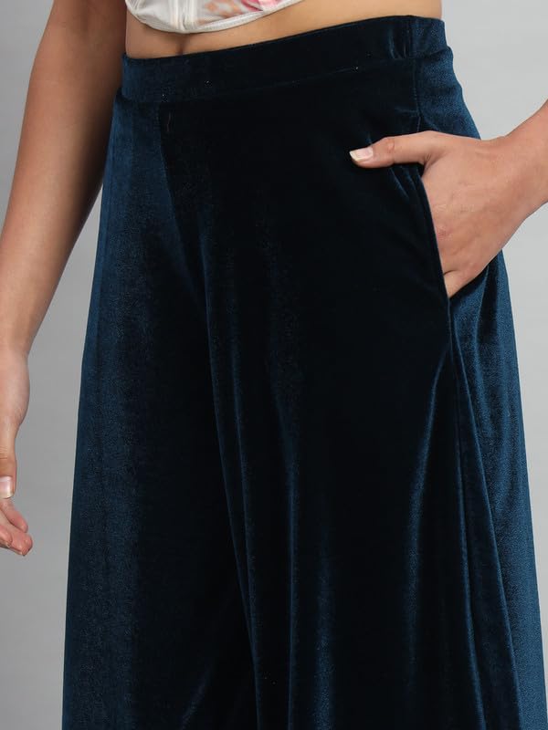 Image of Vaararo Party Trousers for Women | Shiny Velvet Fabric Wide Bottoms Stylish Palazzo Pants