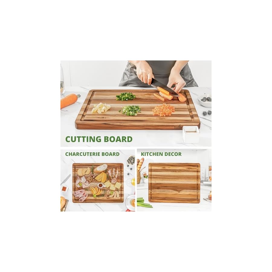 BEEFURNI Teak Wood Cutting Board with Juice Groove Hand Grip (S, 18x14x1"), Wooden Cutting Boards for Kitchen, Butcher Block, Charcuterie Boards, Christmas Gifts, 1-year Manufacturer Warranty