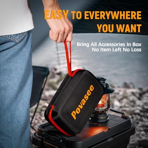 A person in jeans holds a compact black hard-shell carrying case with red zipper and red handle loop, branded 'Povasee' in orange text. Text overlay reads 'EASY TO EVERYWHERE YOU WANT - Bring All Accessories In Box, No Item Left No Loss.' Outdoor camping scene.