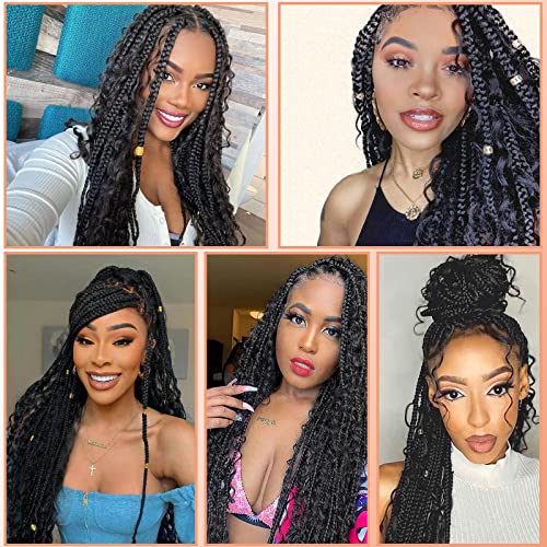 18 Inch 8 Packs Goddess Box Braids Crochet Hair For Black Women, Crochet Box Braids Pre Looped Boho Box Braids Crochet With Curly Ends, Pre Looped Synthetic Braiding Hair Bohemian Hippie Braids Hair Extensions (18 Inch, 1B) #TOP3