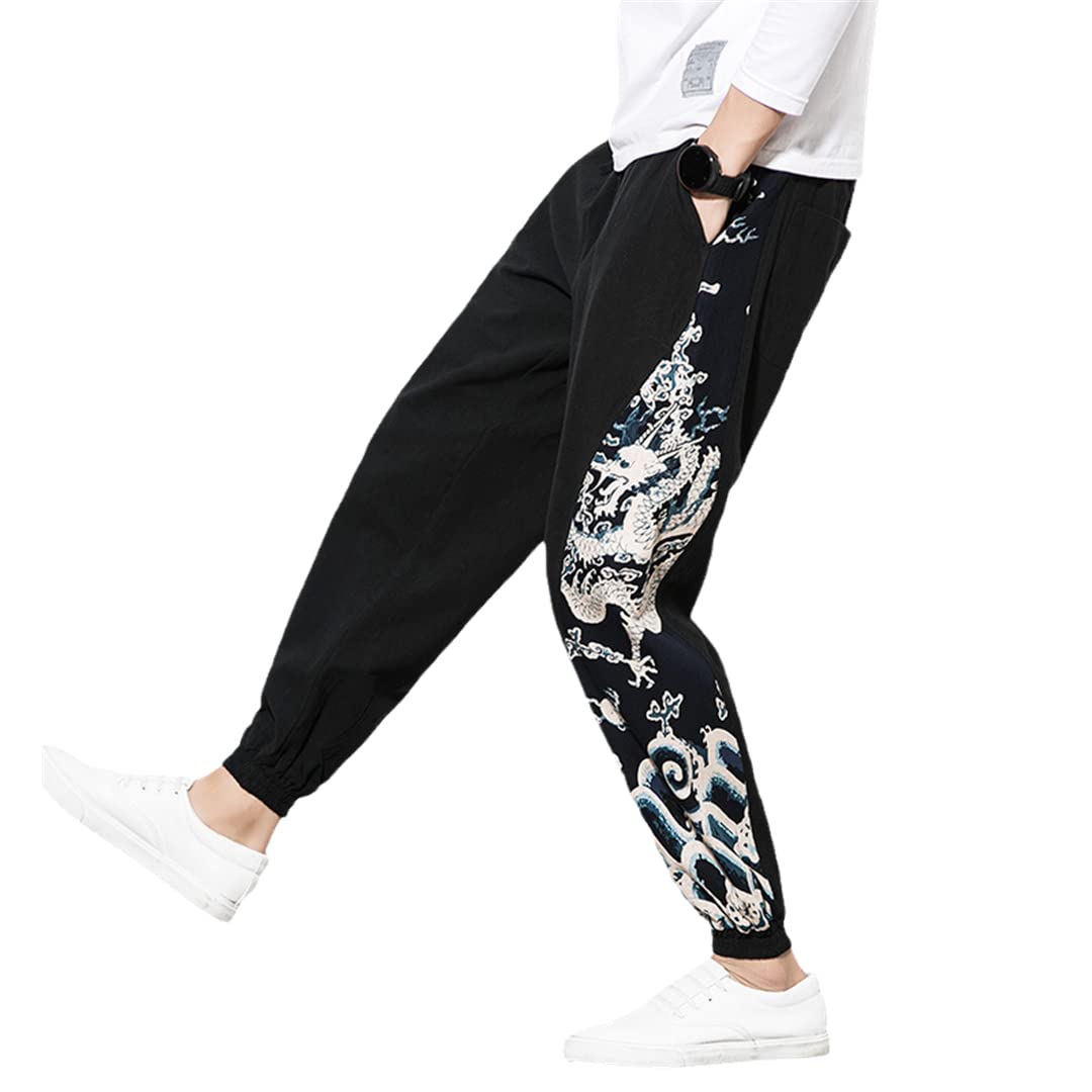 Tradizionale Stile Giapponese Haori Harem Pantaloni per gli Uomini Casual Cotone Lino Pantaloni Adulto Uomo Stampa Drago Cinese Kimono Nero 2XL