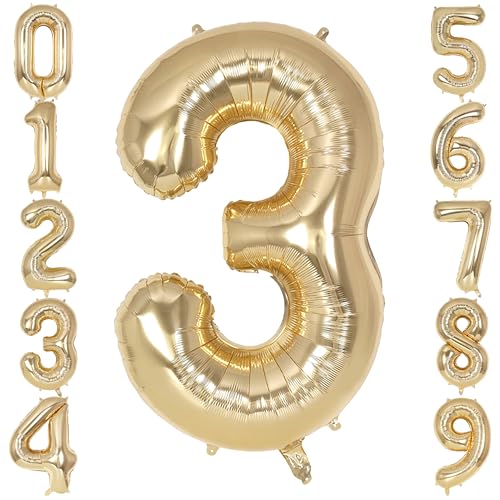 Image of Champagne Gold Large Number 3 Balloon, 40 Inch Light Gold Foil Helium Number Balloons, Giant Mylar Number 3 Balloons for 3 Years Old Birthday Party Anniversary Decorations