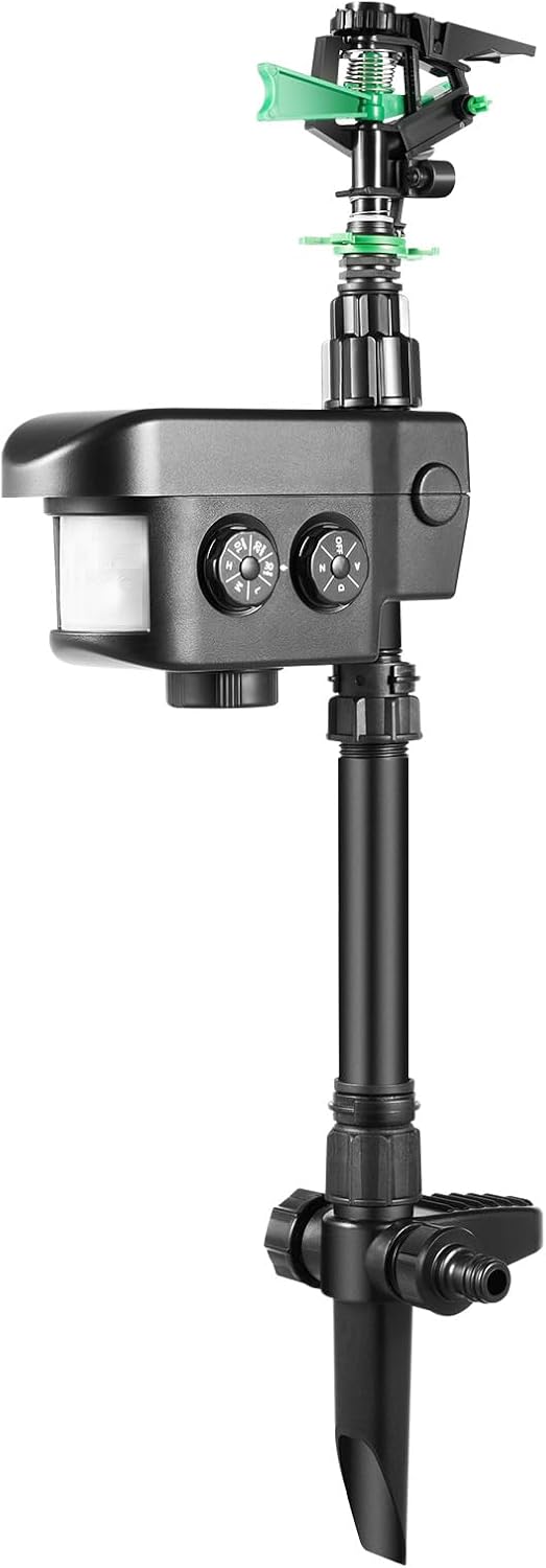 Bepritm Solar-Powered Motion Activated Sprinkler, 30ft Detection Range Spray with Day/Night Mode, Solar Automatic Sprinkler for Garden, Farm & Yard Cats/Dogs/Rabbits/Birds (Black)