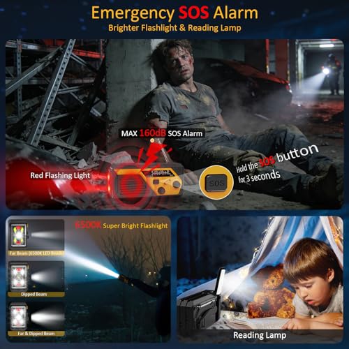 Image of Emergency Radio, AM FM NOAA Weather Radio, 6000mAh Hand Crank Radio, SOS Alarm, Flashlight, Reading Lamp, 4 Charging Cables for Emergency Essentials Power Outage