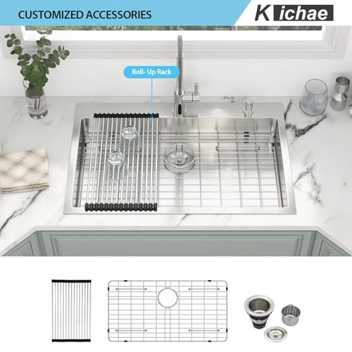 Image of Kichae 33 ADA Drop In Kitchen Sink - 33x22x5 Kitchen Sink Drop in Topmount Single Bowl 16-Gauge Stainless Steel Drop Sinks Round Corner Basin With Rack & Stainless Steel Sink Grid