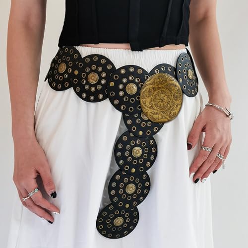 Hollow Disc Belt Western Wide Boho Disc Concho Leather Belt Vintage Wide Waist Belt Cowboy Wide Disc Belt Metal Buckle4