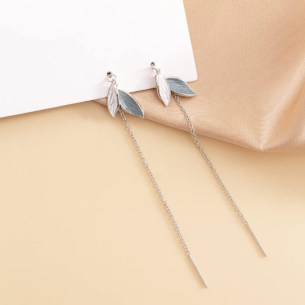 Reffeer Solid 925 Sterling Silver Leaf Chain Dangle Earrings for Women Teen Girls Leaf Dangle Drop Earrings Threader Tassel - Image 8