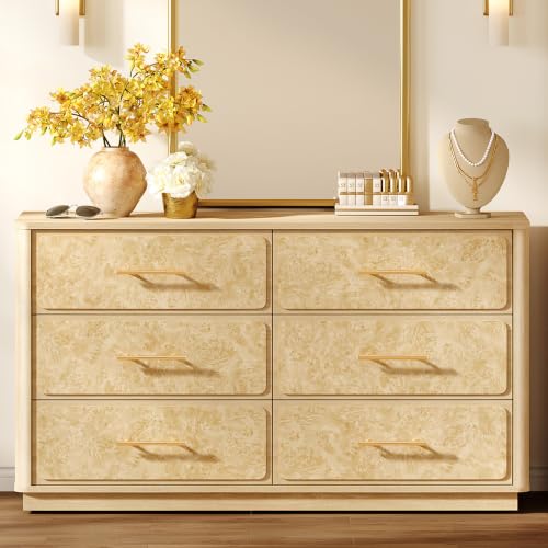 Image of SICOTAS 55 inch Extra Wide Dresser for Bedroom - Burl 6 Drawer Chest of Drawers
