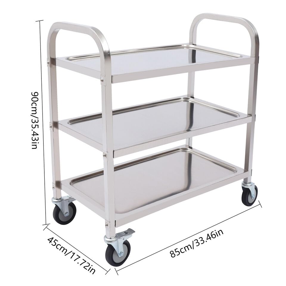 Carrito de cocina de acero inoxidable, 3 niveles, capacidad de carga de 120 kg, con 4 ruedas giratorias de 360° para restaurantes u hoteles. (mediano)