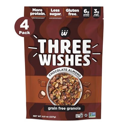 Three Wishes Cereales, almendras de chocolate (paquete de 4) – Muesli sin gluten, 6 g de proteína y 3 g de azúcar. Desayuno saludable y aperitivo para llevar de viaje, vegano, kosher y sin cereales