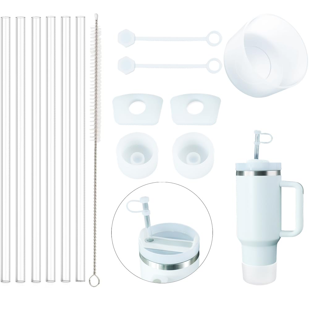 TRUNK Stanley Cup Straw Set - Replacement Reusable Straw with Cleaner Brush Straw Stopper Cover Compatible with Stanley 40oz, Spill Proof Leakproof, Silicone Boots, Stanley Cup Accessories 14 Pcs Clear