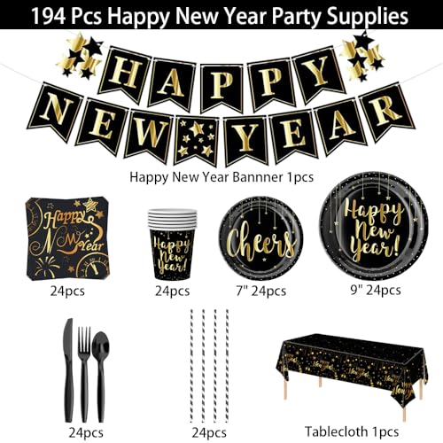 Happy New Year Eve Party Supplies Nye Decorations 2026 Tableware, New Years Plates and Napkins Disposable, 194 Pcs Happy New Year Banner Paper Plates, Napkins, Cups, Tablecloth Serve 24 - Image 3