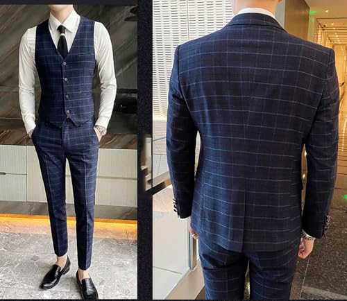 Men's Single Breasted Plaid Suit Notch Lapel Jacket & Vest & Pants Checked Tuxedos2
