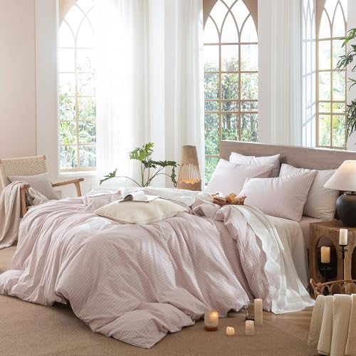 Image of MooMee Striped Duvet Cover Set 100% Washed Cotton Linen Like Oversized King | Relaxed Linen-like Texture. Soft, Breathable & Long-lasting Comfort. Lightweight. Hidden Zipper with 8 Interior Corner Ties