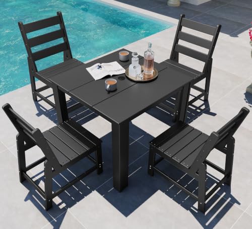 Image of GREENVINES 5PCS Patio Dining Set, HDPE Square Table & 4 Side Chairs, Black