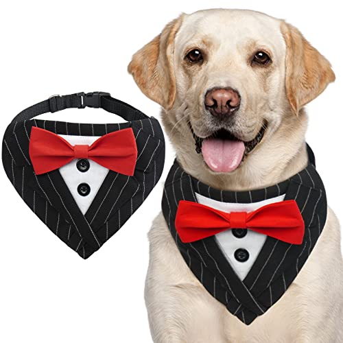 Iecoii Dog Tuxedo Bandana,Formal Dog Wedding Attire For Small Medium Large Boy Dog,Black Pet Dog Prince Tux Collar With Red Bow Tie,Adjustable Best Man Doggy Engagement Birthday Graduation Costume #TOP20