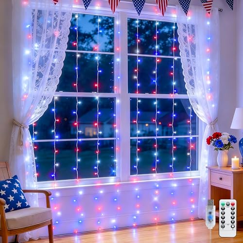 Image of JMEXSUSS 200 LED Red White and Blue Curtain Lights, 6.5ft x 6.5ft | 4th of July Lights USB Plug in, 8 Modes Patriotic Hanging String Lights with Remote for Memorial Day Independence Day Decor