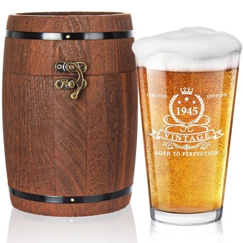 LIGHTEN LIFE 80th Birthday Gifts for Men 16oz,1945 Beer Glass in Barrel Box,80th Birthday...