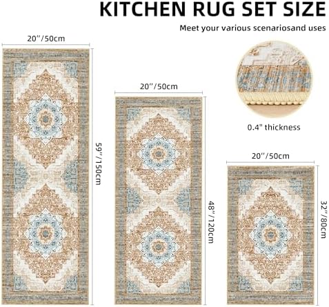Tritard 100% Non Slip Kitchen Rugs Sets of 3 Washable Boho Kitchen Mats for Floor Vintage Farmhouse Kitchen Rug Soft Runner Rug for Hallway, Laundry Room, Indoor Entryway, Tan