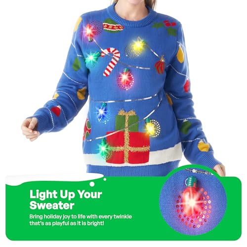 JOYIN Suéter feminino de Natal com iluminação LED, suéter feio de Natal de rena com lâmpadas, Azul e