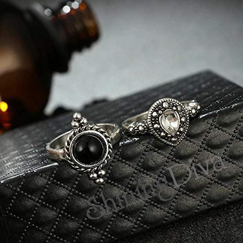 Boho Midi Finger Oxidized Crystal Ring Set of 10