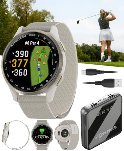 Garmin Approach S50 Golf GPS Smartwatch Cream Gold Aluminum Bezel with Ivory ComfortFit Nylon Band with Wearable4U Power Bank Bundle
