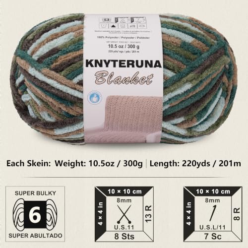 Image of #6 Super Bulky Blanket Yarn for Crocheting - 4 Skeins(Each 10.5oz /300g, 220yds /201m), Chunky Chenille Thick Plush Big Soft Yarn for Crocheting Knitting Blankets, Multi Green & Coffee