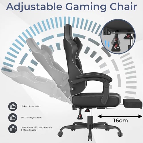TRIUMPHKEY Gaming Chair, Ergonomic Office Chair with Footrest Headrest, Adjustable Computer Chair, Lumbar Support, Spring Cushion, Synchronized Armrests, Max 200KG, Obsidian Black - Image 5