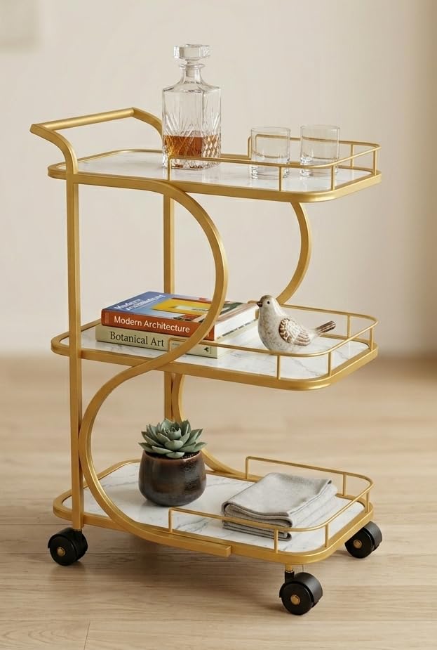 Image of Serving Trolley with Wheels for Home, Tea Food Drinks Serving Kitchen Trolley Restaurant, Hotels,Dining Room bar cart with Wheels (Gold-White)